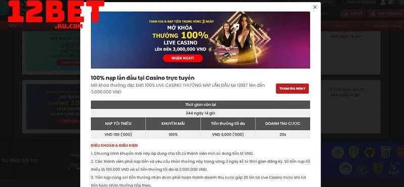 3 khuyến mãi nạp lần đầu tại 12BET - Tân thủ tham gia ngay 3 Nạp tiền lần đầu tại sảnh casino live 12BET